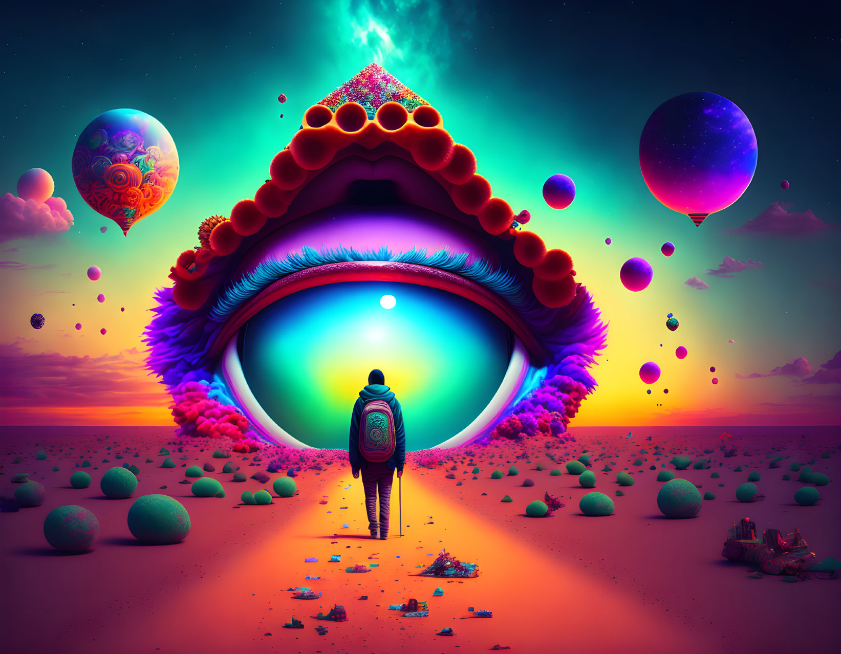 Alien landscape with giant eye-shaped portal and colorful orbs