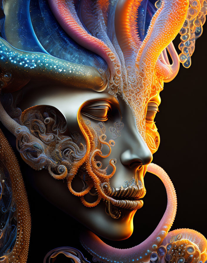 Detailed 3D illustration of mythical being with ornate textures and aquatic motifs