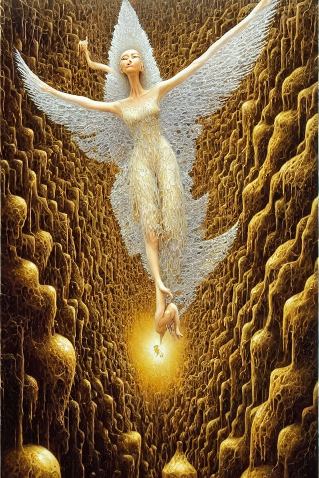 Angel with expansive wings in golden cavernous space radiating light