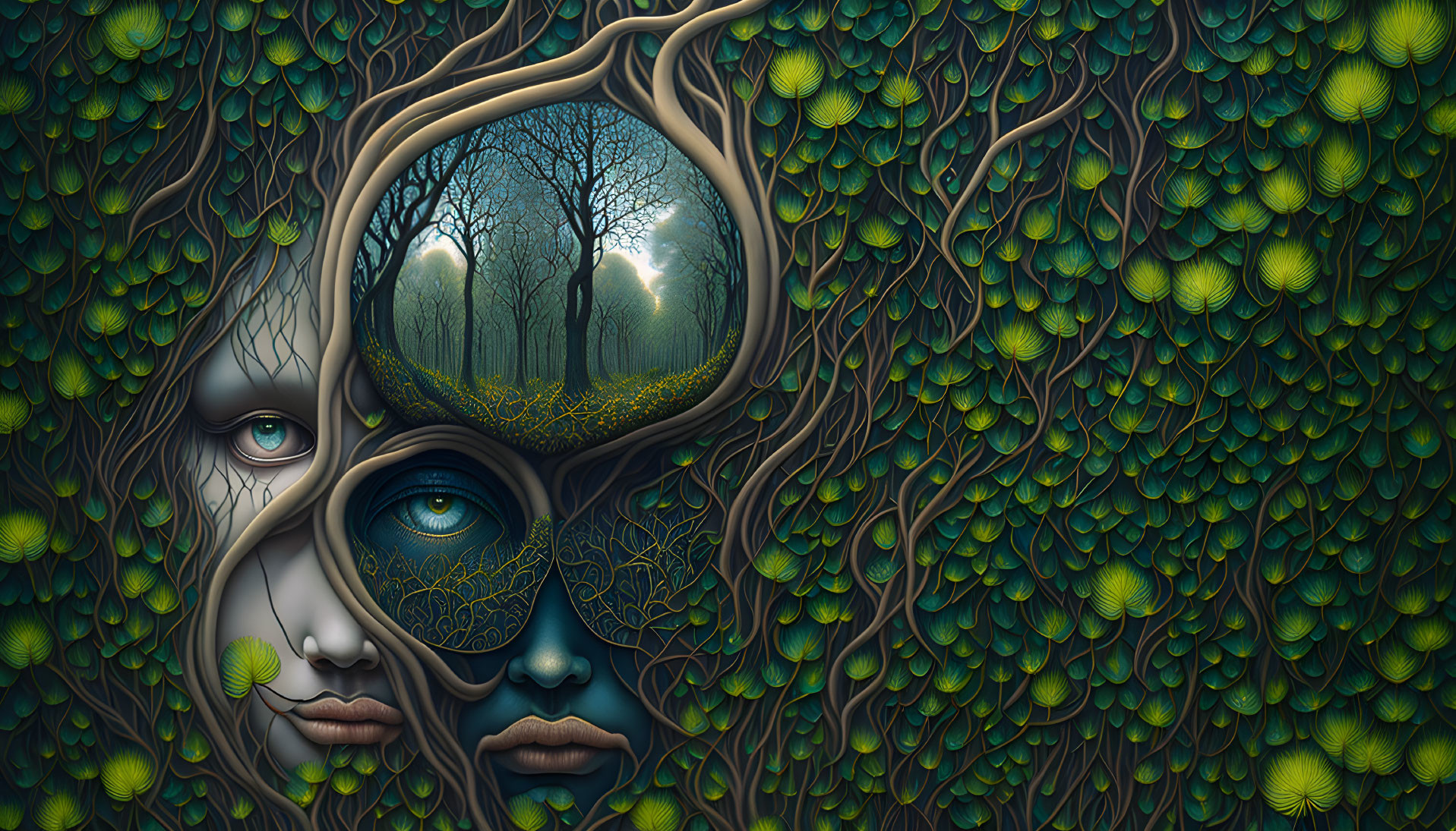 Surreal Artwork: Human Face Blended with Forest Scene