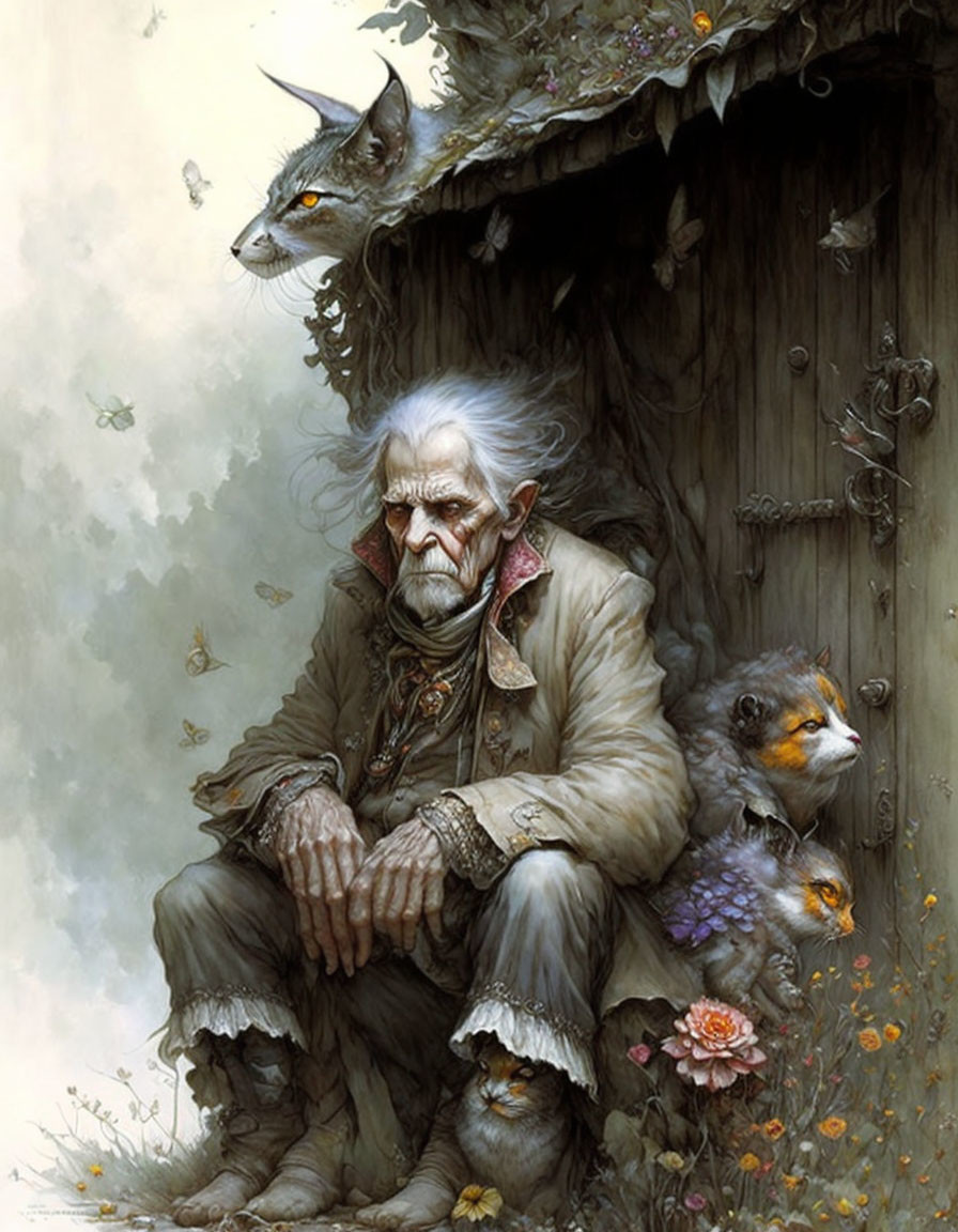 Elderly man with pointy ears surrounded by cats and butterflies