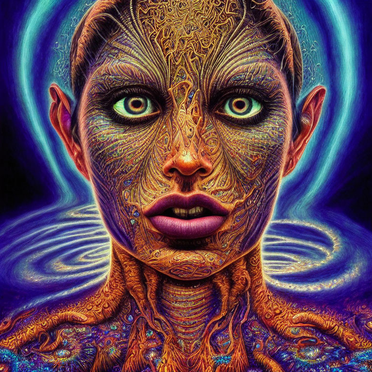 Colorful Symmetrical Psychedelic Portrait with Intense Blue Eyes