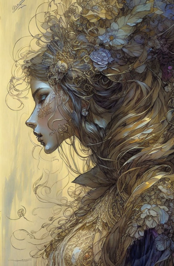 Profile of Woman with Golden Floral Hair Adornments & Feathered Collar