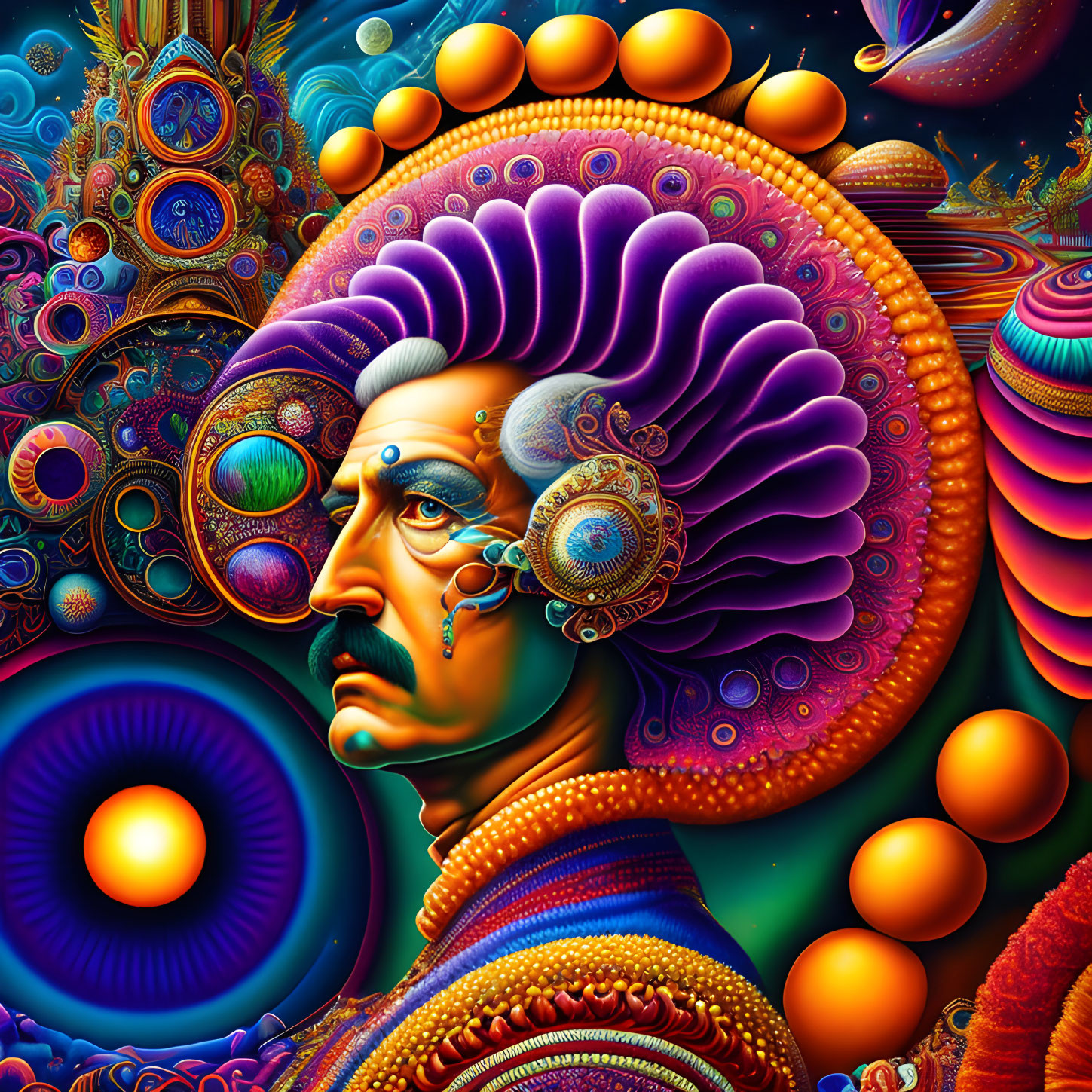 Colorful Psychedelic Art: Stylized Man with Cosmic Background