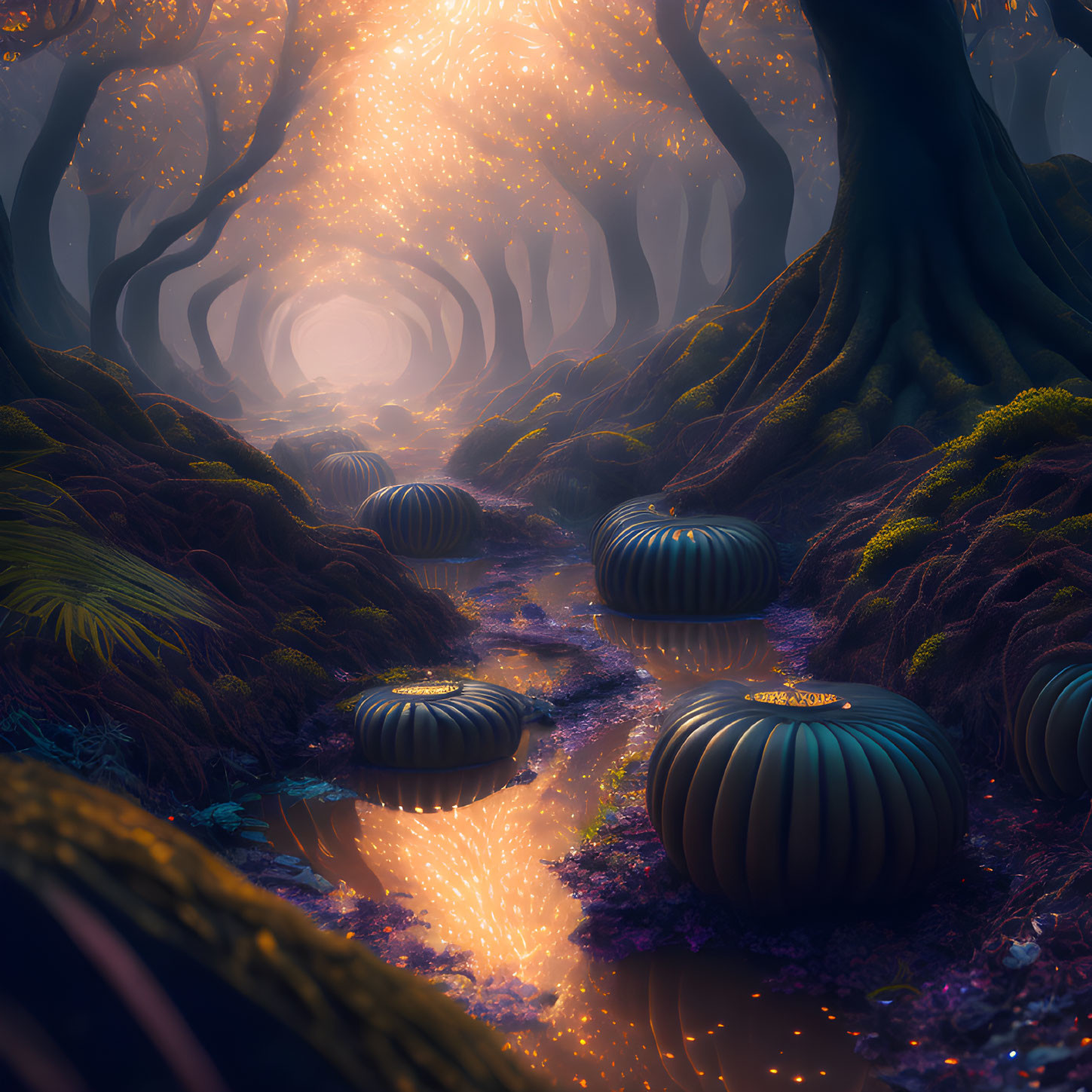 Enchanting forest scene with glowing lights and spherical objects by a stream