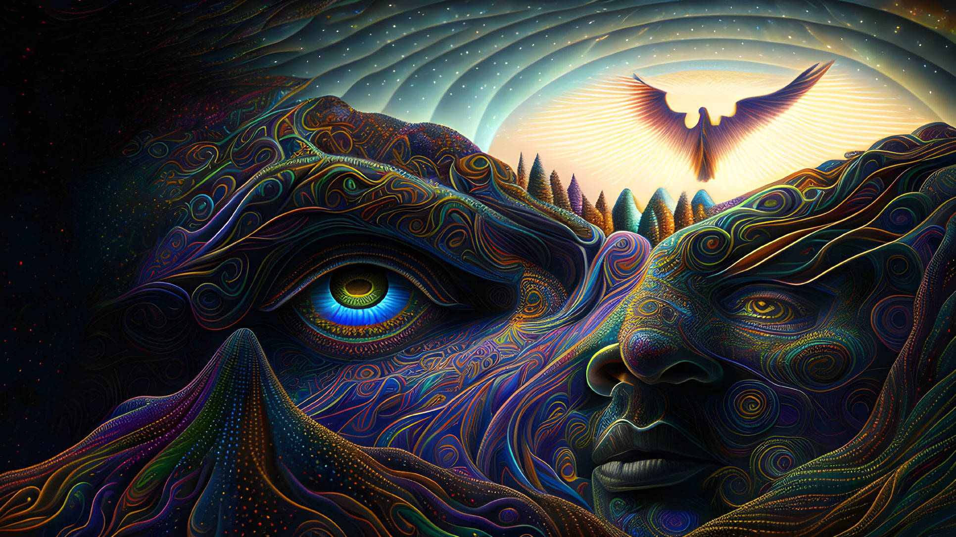 Colorful psychedelic artwork: Face merging with landscapes under radiant sky