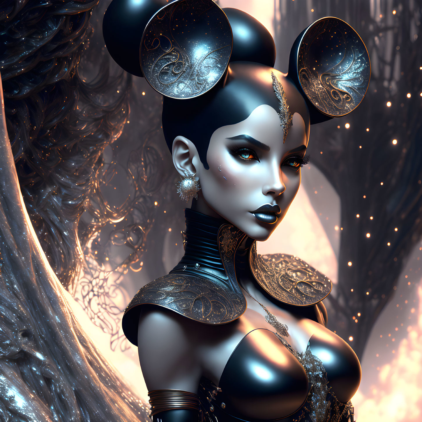 Stylized digital portrait of woman with black and gold headdress and mystical forest backdrop