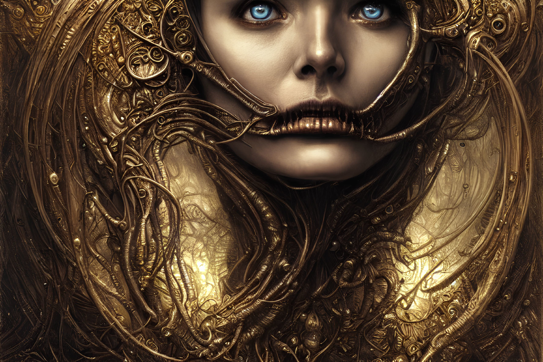 Intricate digital artwork: Woman with blue eyes, golden mechanical mouth.