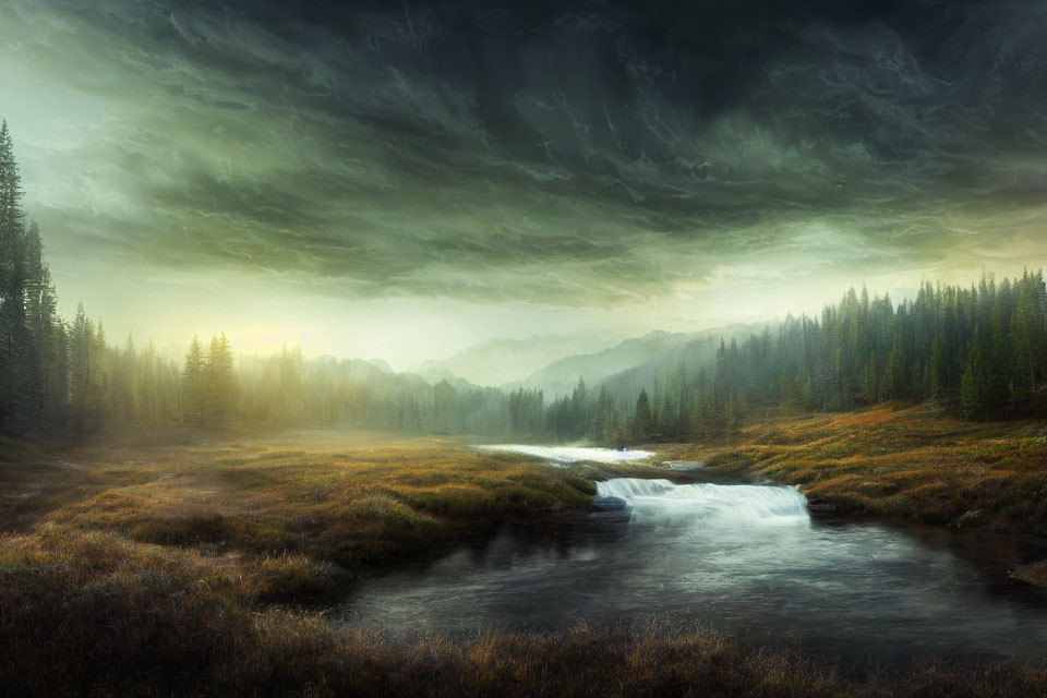 Tranquil forest waterfall scene under stormy sky