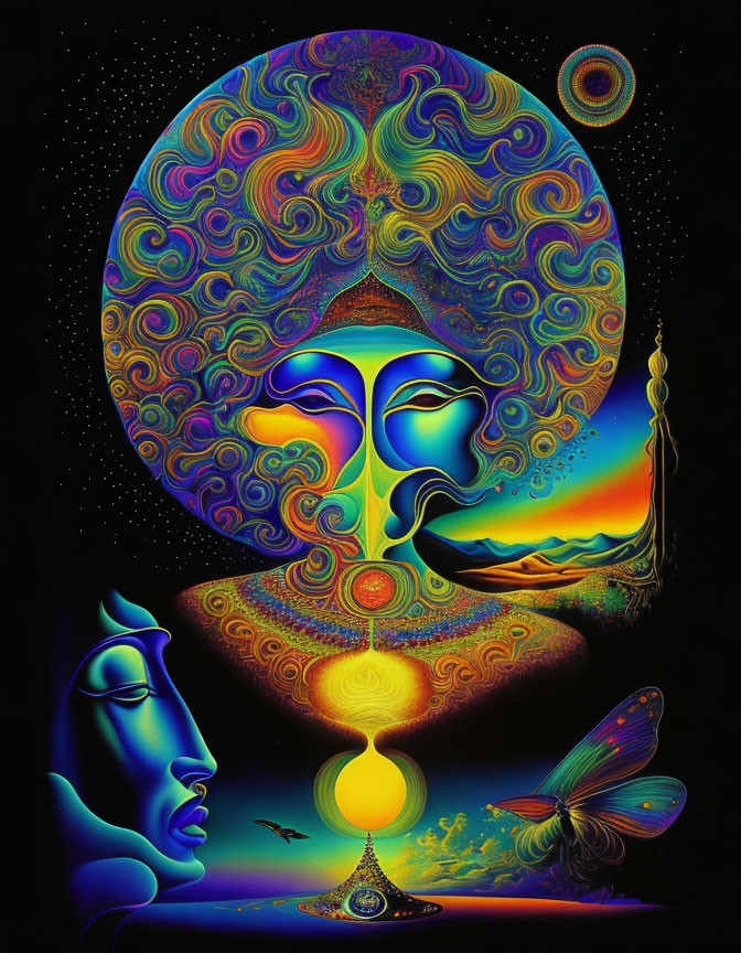 Vibrant psychedelic art: abstract faces, cosmic patterns, butterfly, desert scenery, starry sky