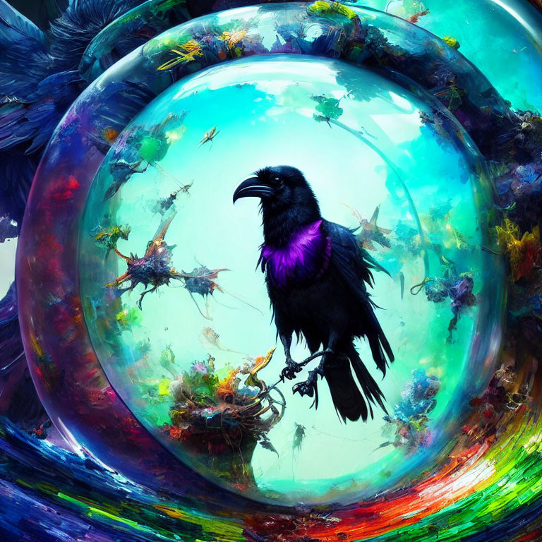 Colorful Raven in Purple Sheen Inside Translucent Bubble