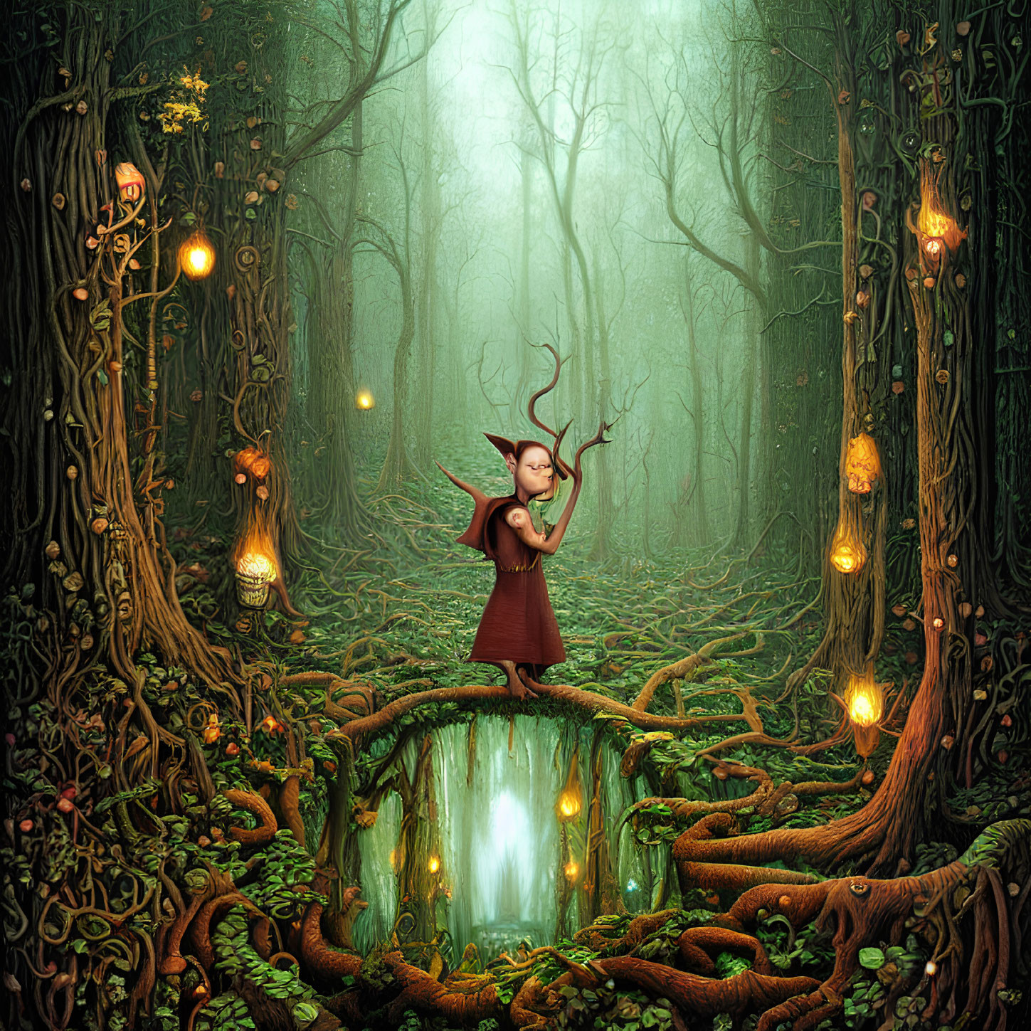 Enchanting forest scene with character playing violin among lanterns