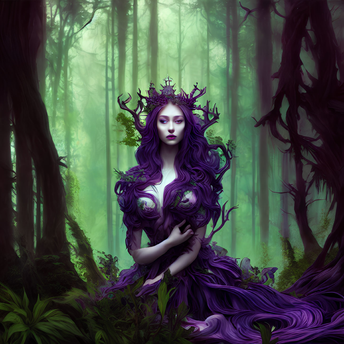 Purple-haired figure with crown in enchanted forest amidst misty backdrop