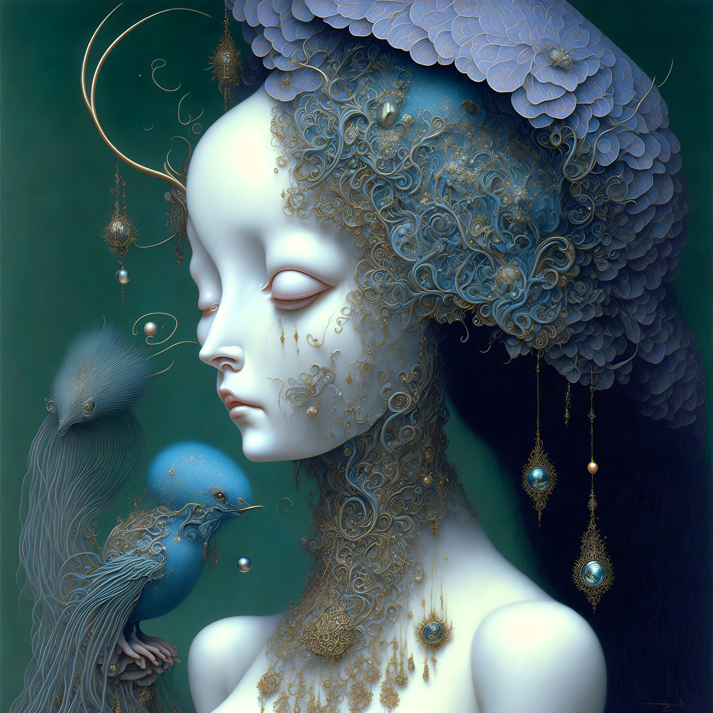 Fantasy portrait featuring gold filigree, feathers, floral patterns, and surreal blue creature