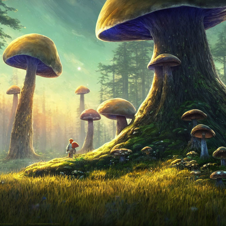 Enchanted forest scene with oversized mushrooms and tiny figure