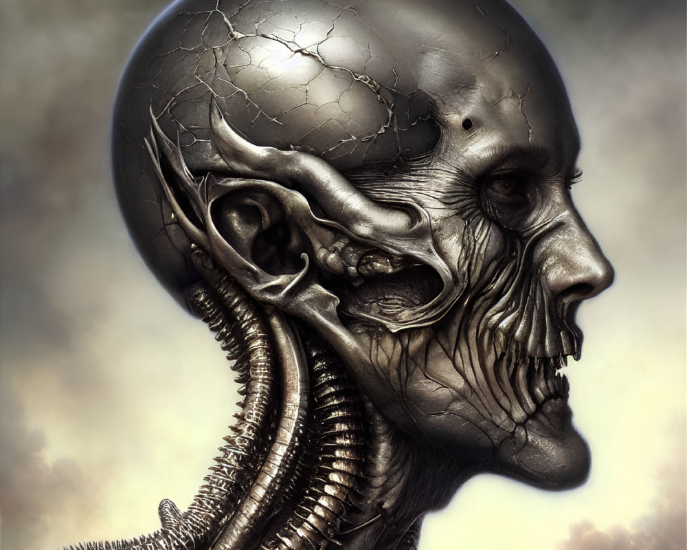 Detailed humanoid robot illustration with skeletal face and mechanical neck on cloudy backdrop