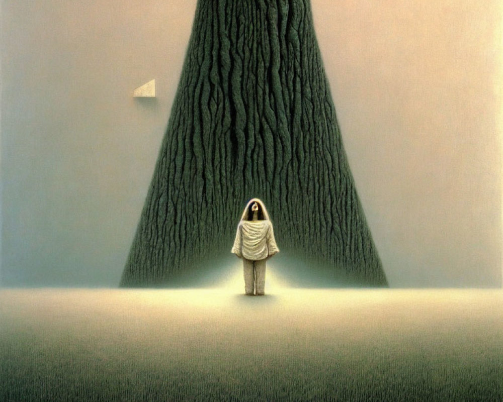 Person in white robe standing by textured tree under hazy sky with paper plane