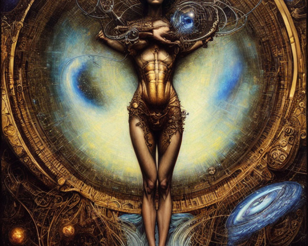 Surreal artwork of woman with cosmic and mechanical elements