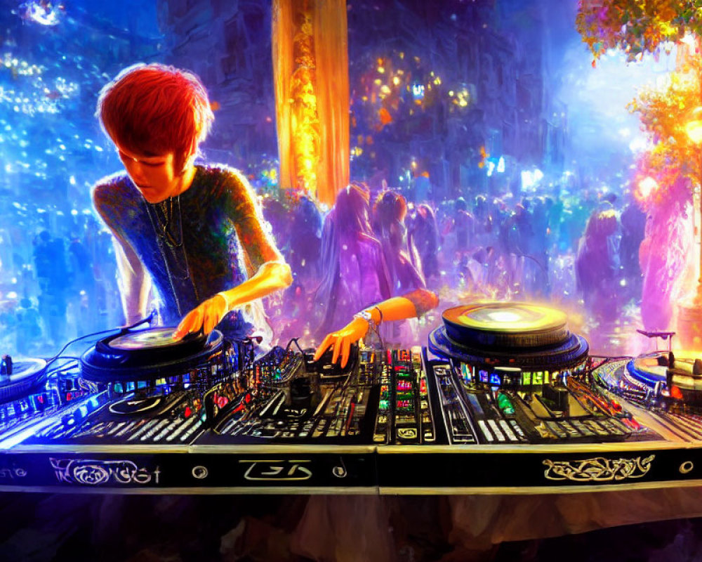 Red-haired DJ mixing tracks at vibrant party with colorful lights & blurred dancers