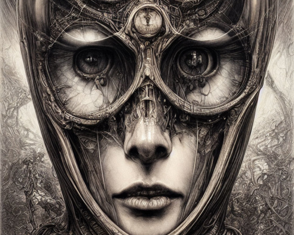 Monochromatic artwork of a person with futuristic helmet and intricate mechanical designs