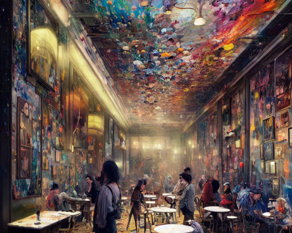 Art Cafe with Paintings and Starry Night Sky Ceiling