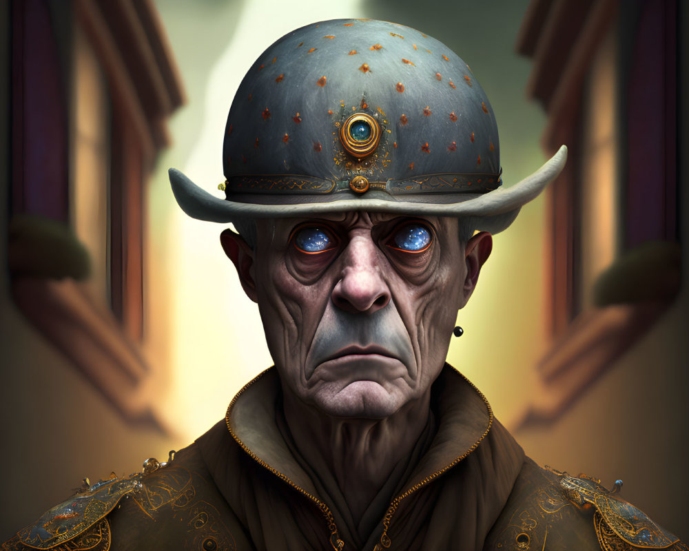 Elderly man with stern face in military hat, sad blue eyes