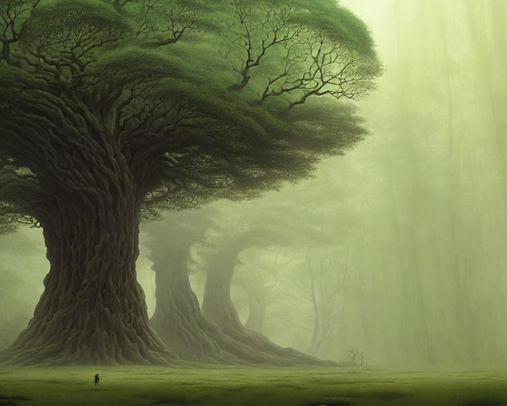 Person in Enchanted Green Forest with Giant Trees