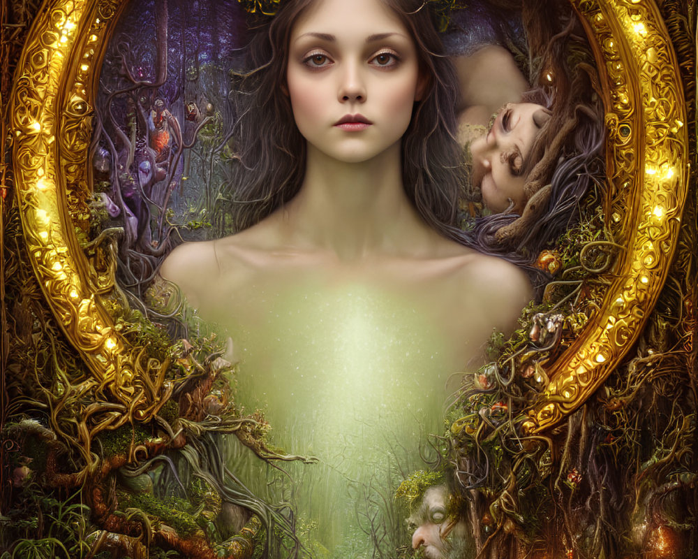 Mystical woman portrait in gold frame with nature elements and ethereal glow