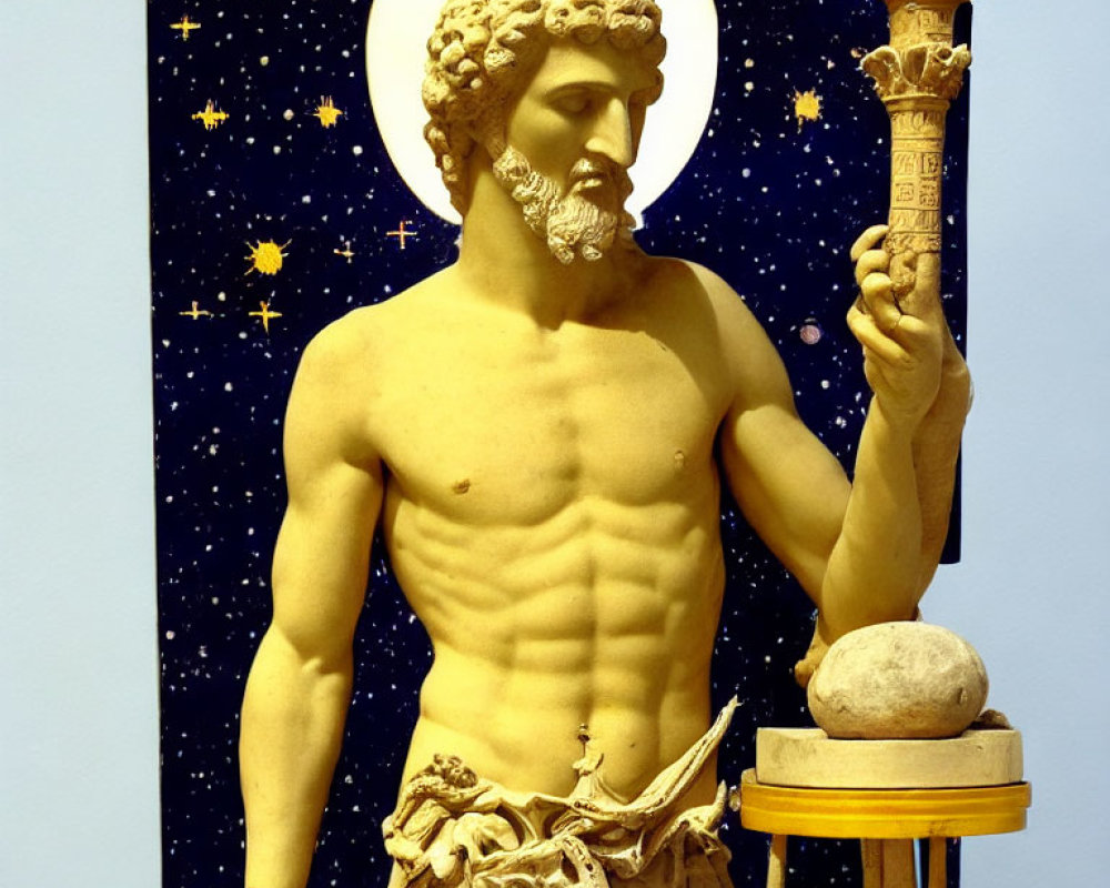 Bearded male statue with staff in front of starry backdrop