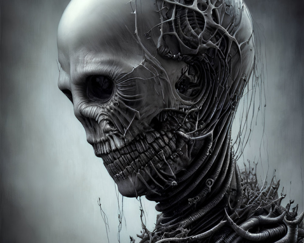 Detailed biomechanical skull artwork with organic and robotic blend on misty backdrop