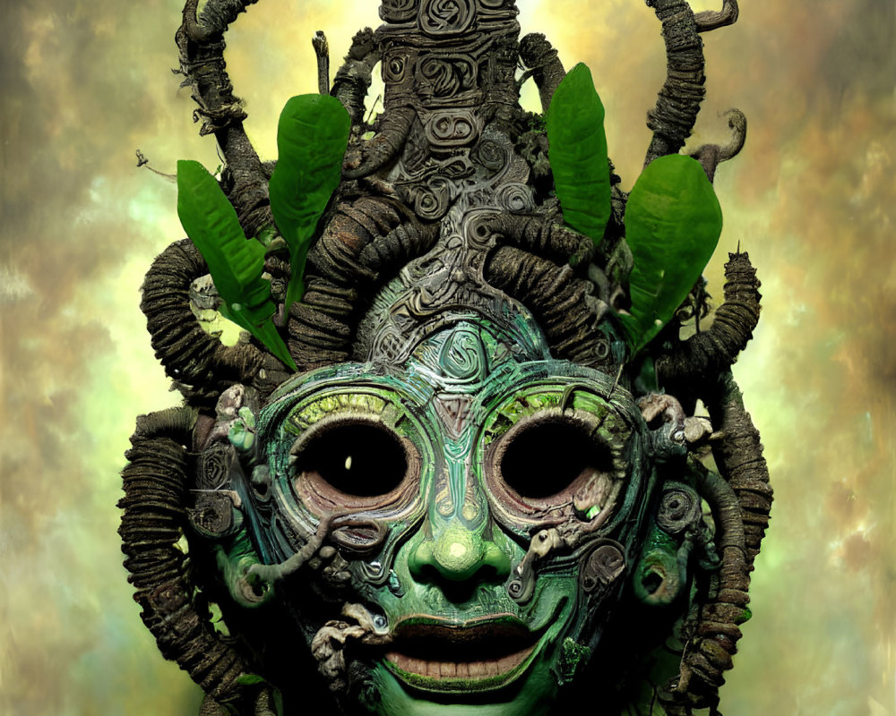 Intricate mystical mask with horns and foliage on surreal cloudy backdrop