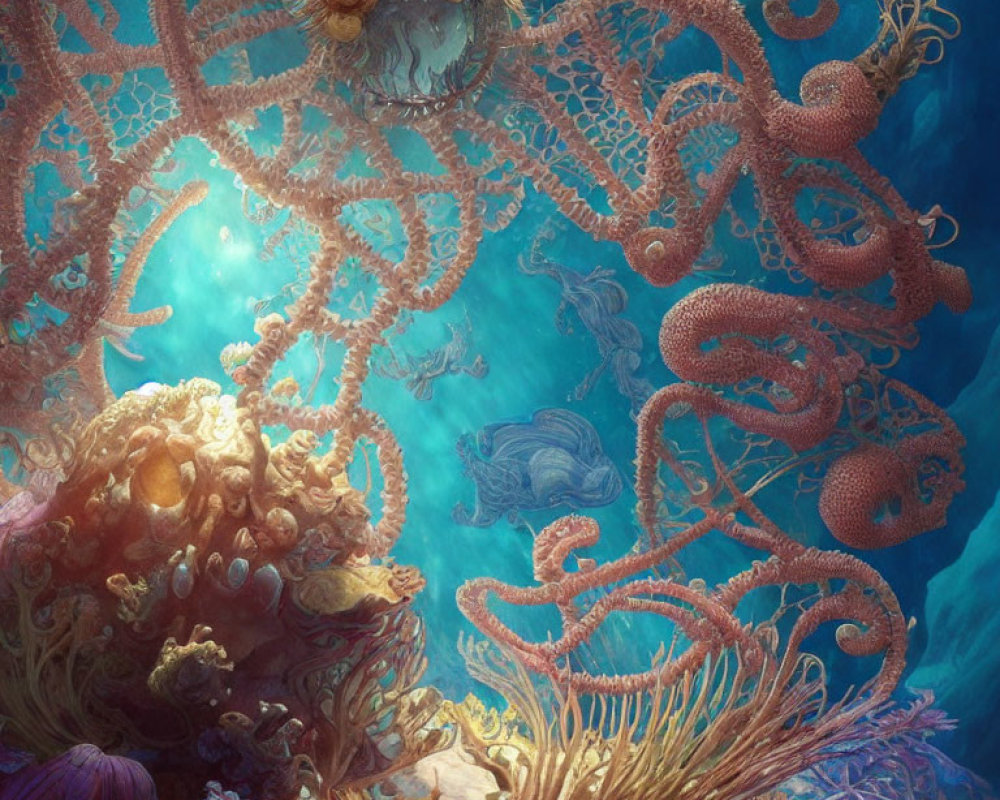 Colorful Underwater Coral Formations and Sea Creatures Displayed in Dreamlike Scene