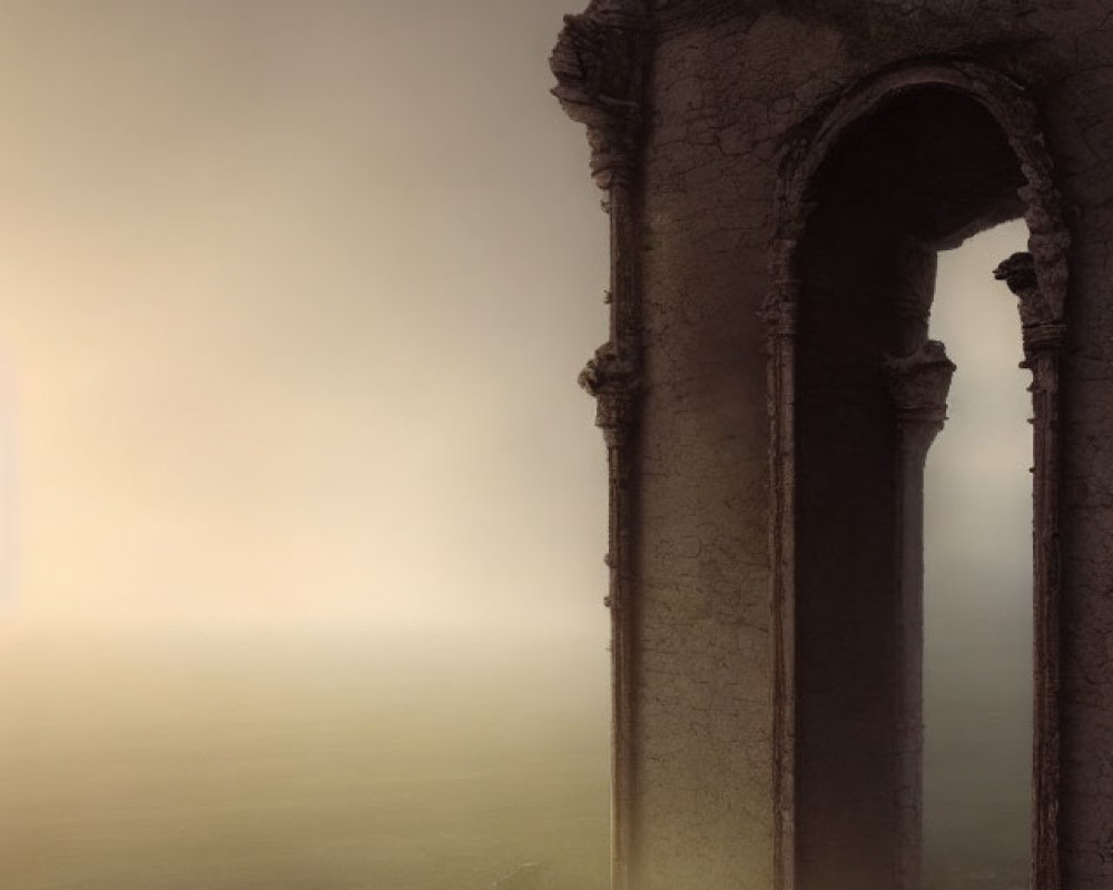 Abandoned structure with archways in foggy haze