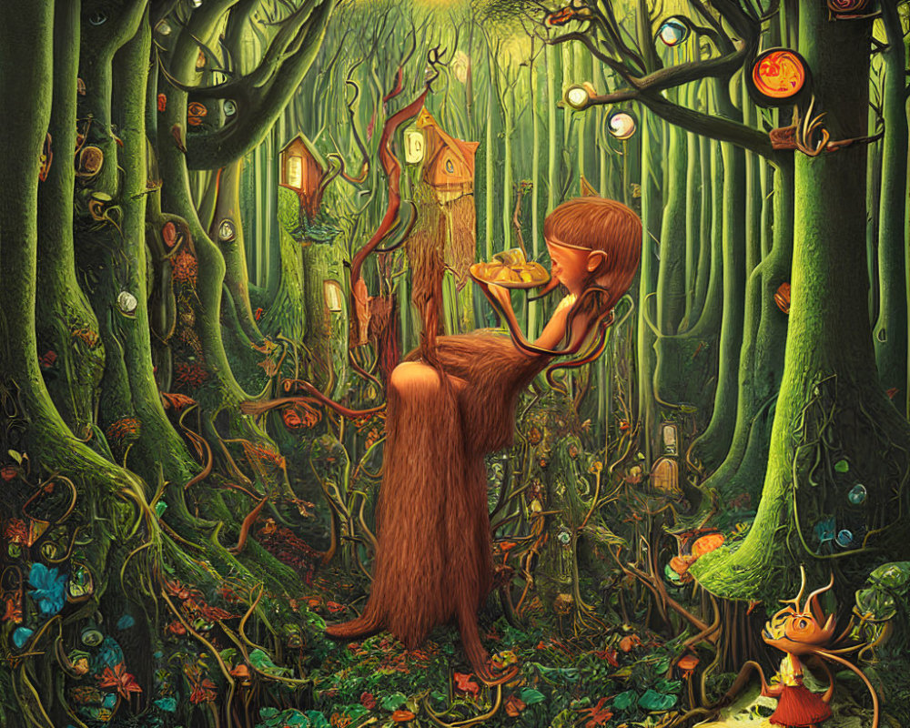 Colorful fantasy forest with girl on branch, luminous plants, tree houses, and small character on