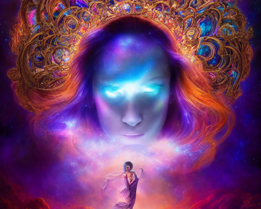 Colorful digital artwork of cosmic entity with woman's face in starry backdrop