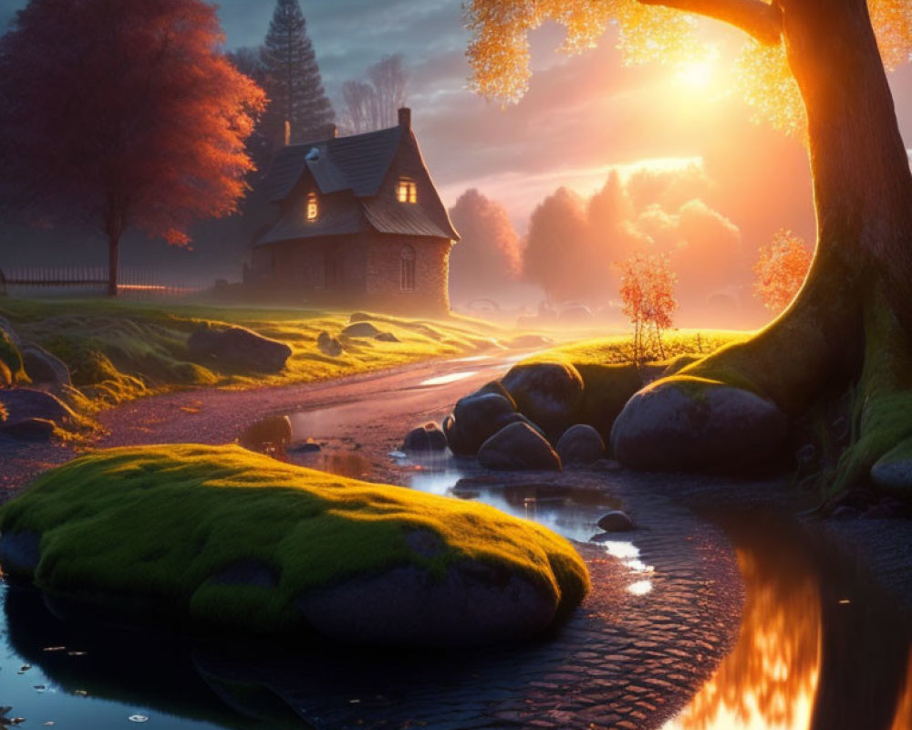 Tranquil countryside sunset with cottage, stream, moss, and autumn trees