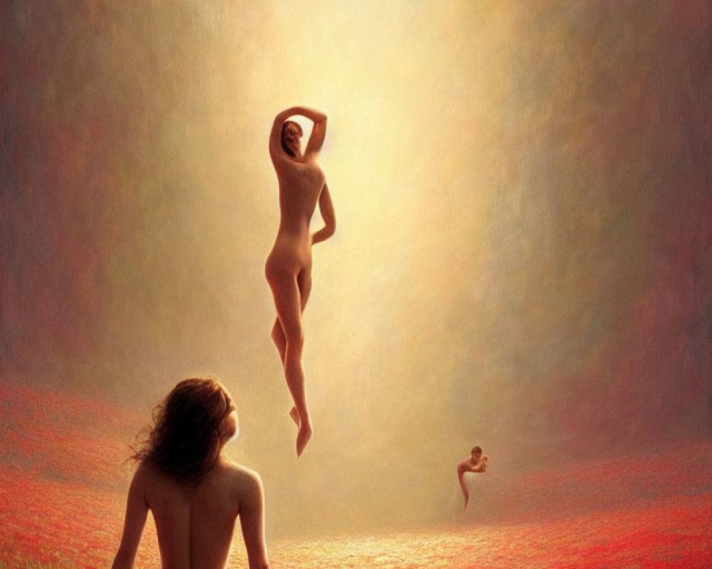 Surreal painting of levitating figures above red flower field