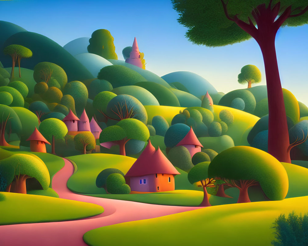 Colorful Landscape with Rolling Hills, Trees, and Fairy-Tale Architecture