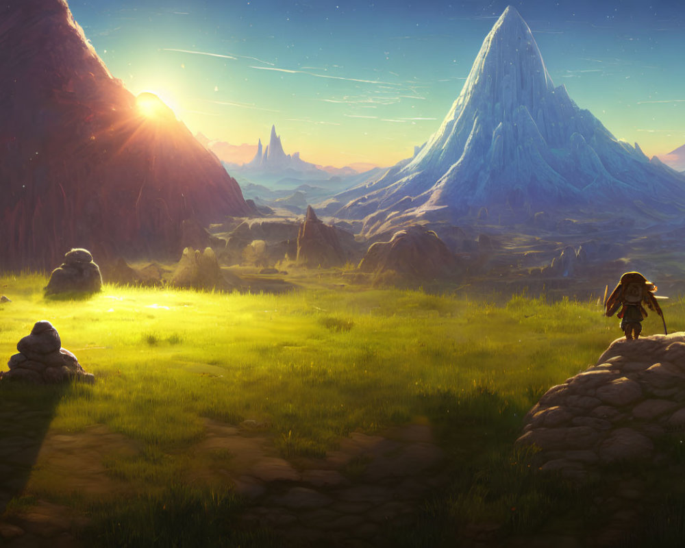 Fantastical landscape with glowing meadow and towering mountains