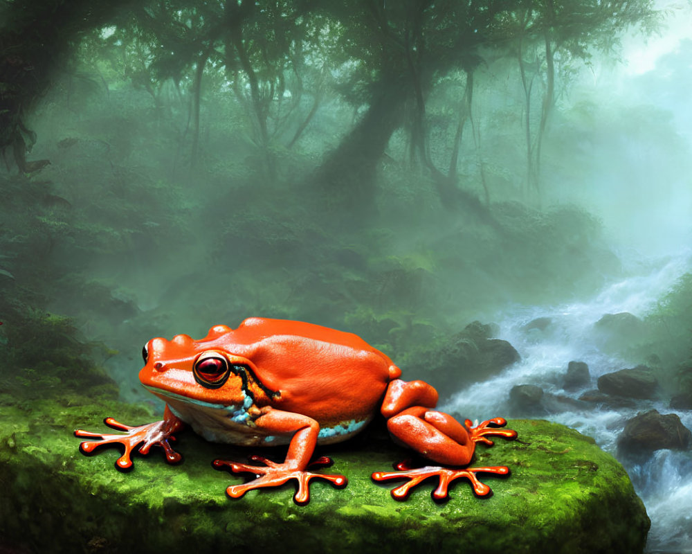 Vibrant Orange Frog on Moss-Covered Rock by Forest Stream