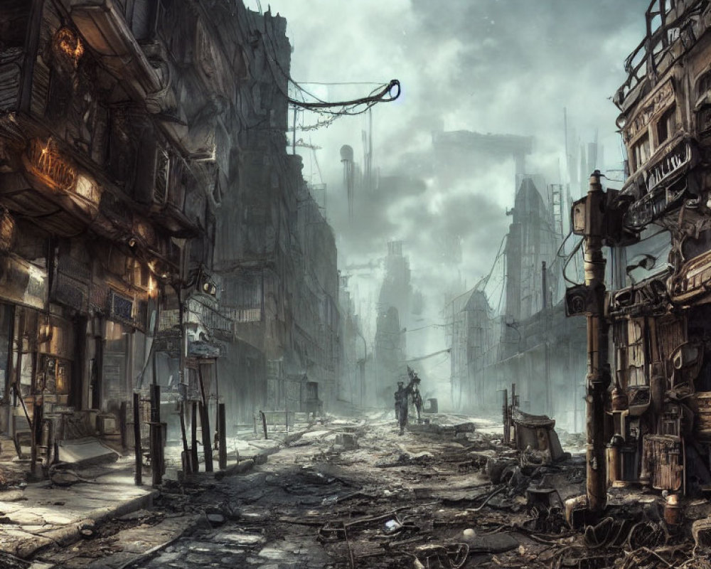 Desolate post-apocalyptic street with dilapidated buildings and eerie fog