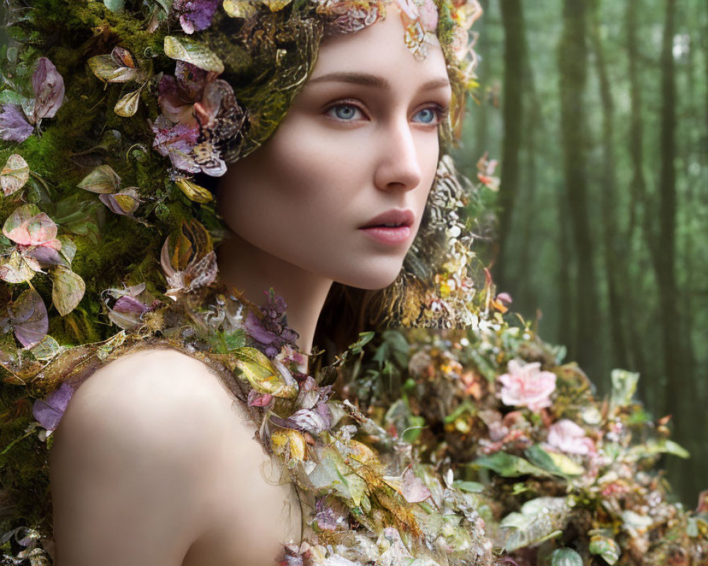 Woman with Floral Headdress and Blue Eyes in Forest Setting