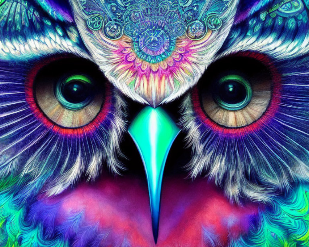 Detailed Close-Up Illustration of Colorful Owl Face with Vivid Feathers