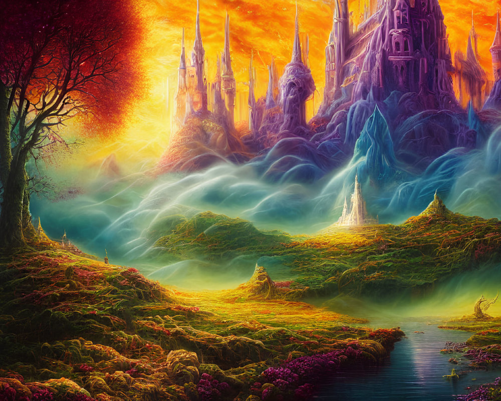 Fantasy landscape with glowing sunset, mystical castle, rivers, hills, and solitary figure.