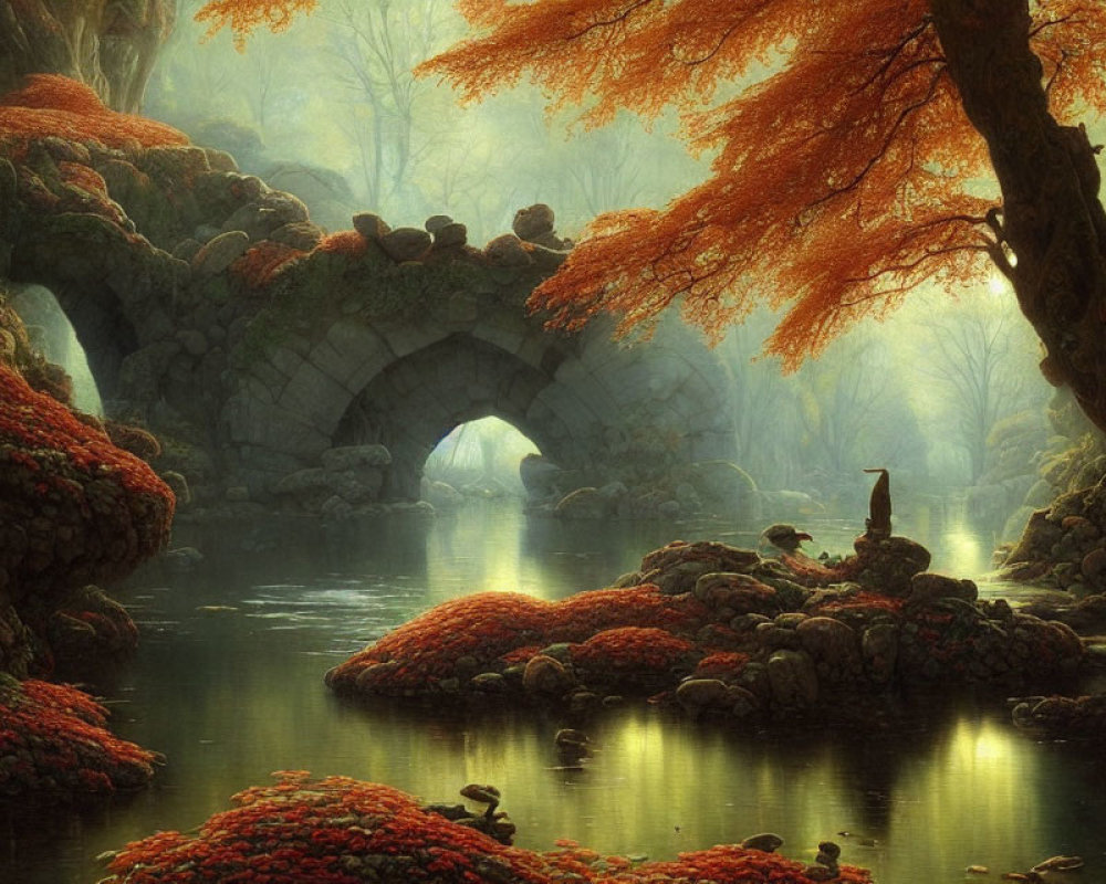 Tranquil autumn landscape with old stone bridge, red foliage, and calm river