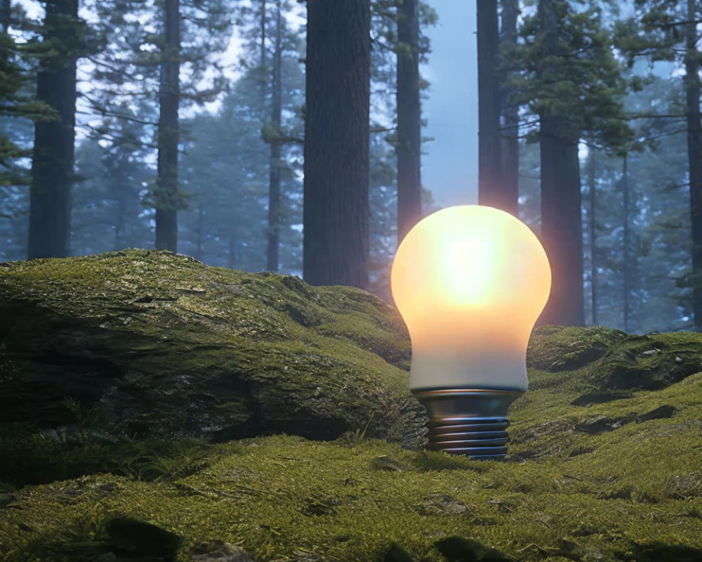 Glowing light bulb in moss-covered forest with tall trees