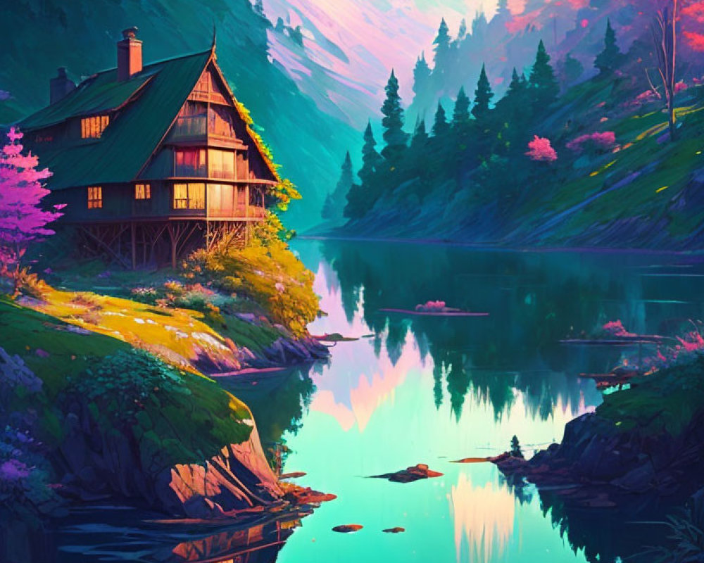 Colorful digital artwork of house by lake & mountains