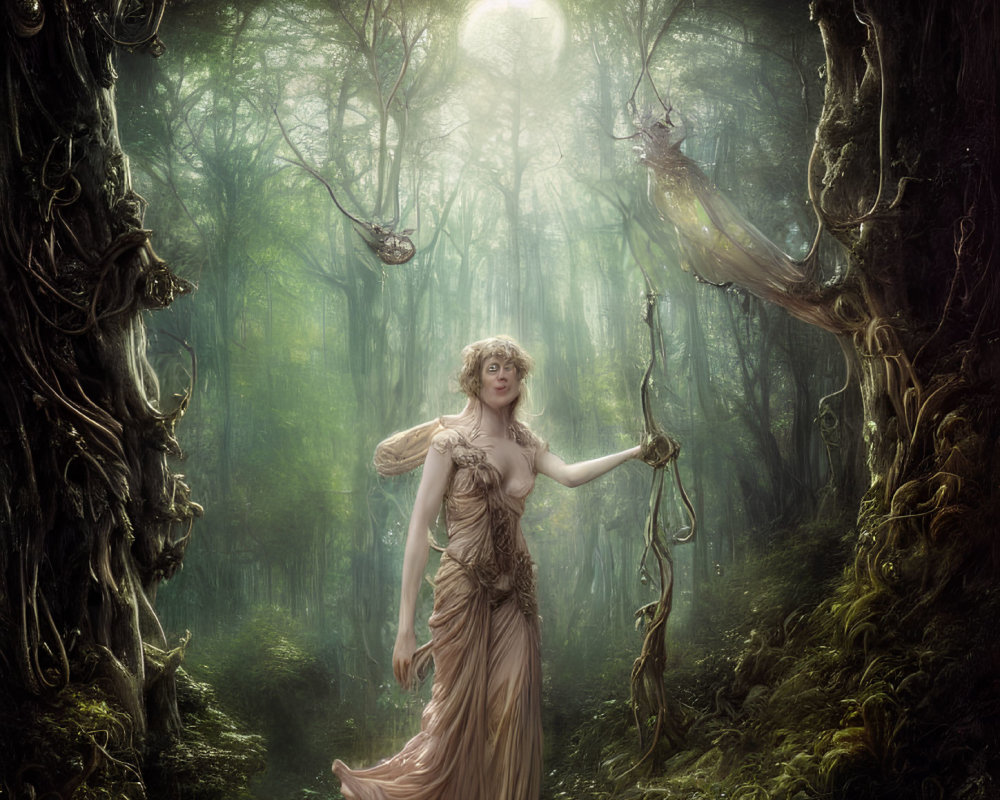 Woman in flowing dress in enchanted forest with glowing orb and owl