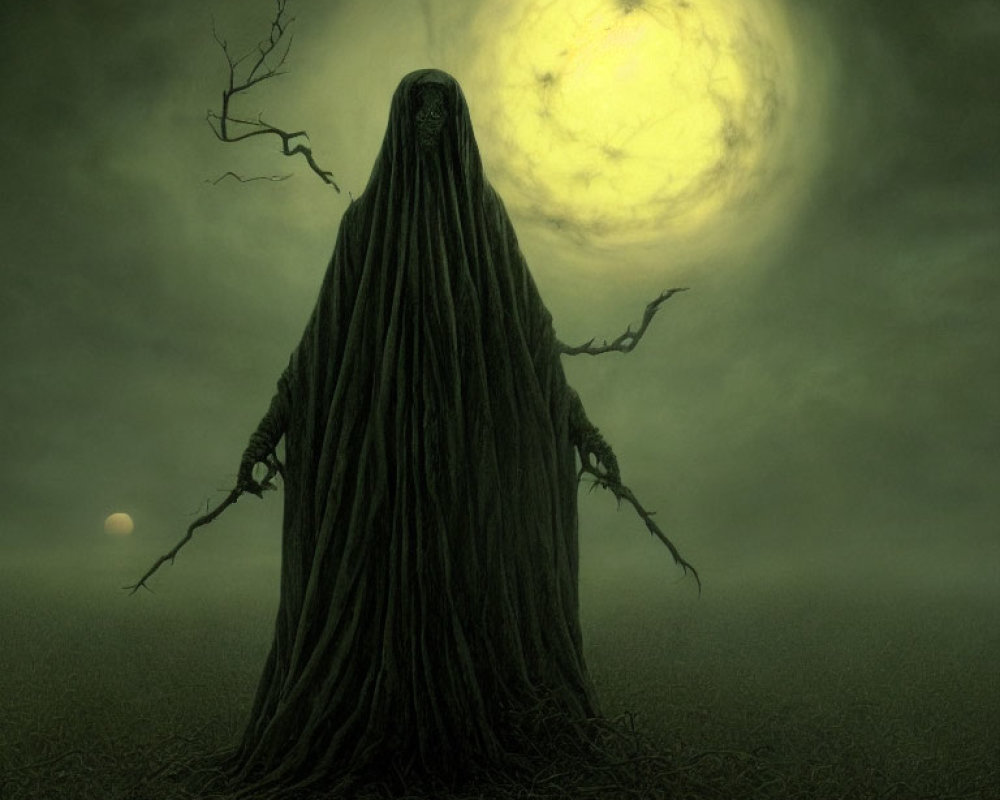 Eerie tree-like figure under yellow moon in misty green landscape