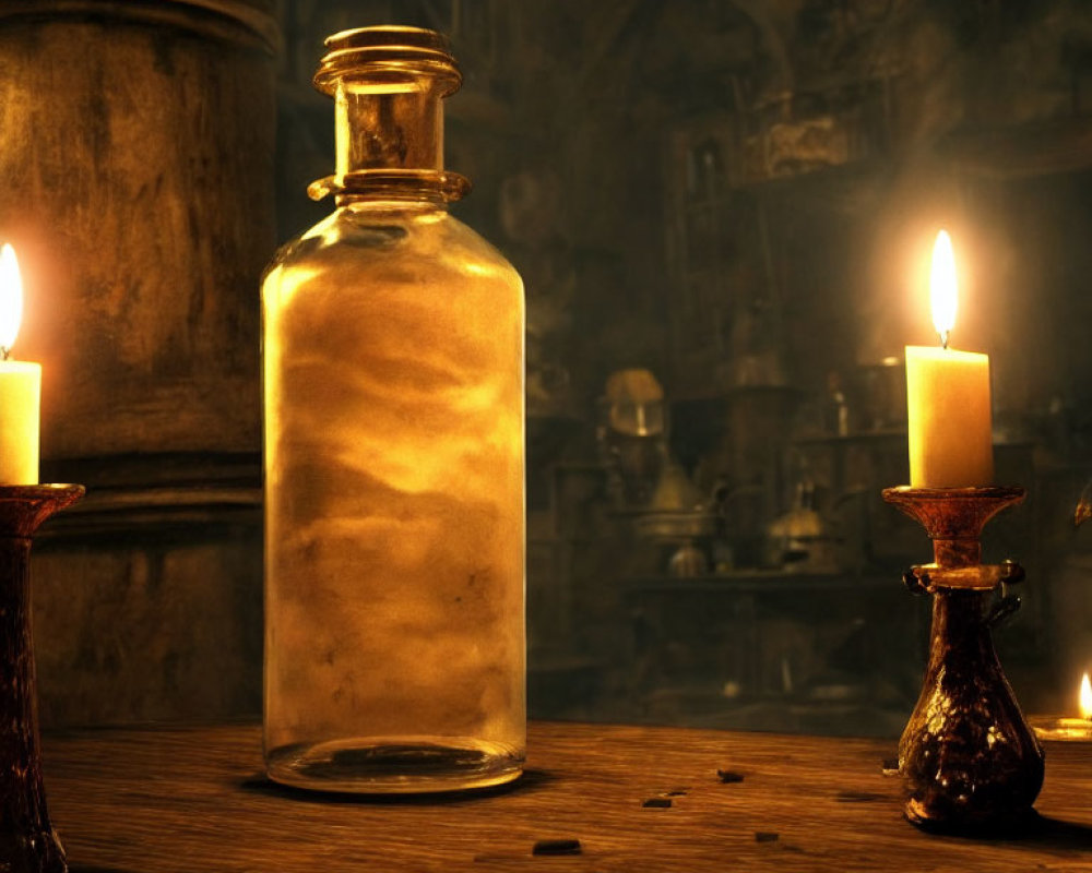 Dimly Lit Room with Lit Candles and Glass Bottle on Wooden Table